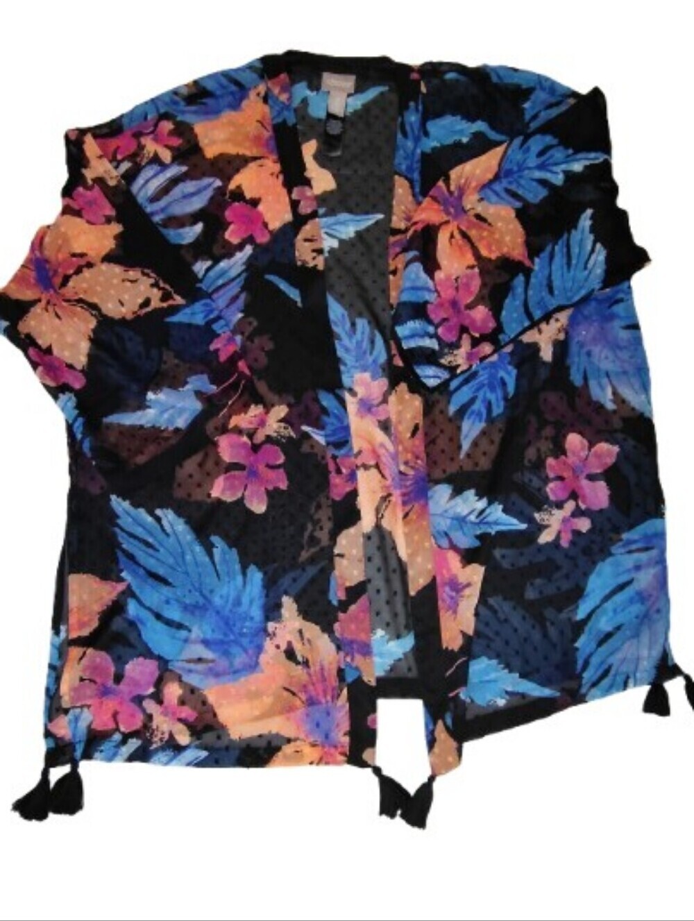 Chico's Tropical Floral Sheer Kimono Cardigan Tassel Trim Size 2 L/XL Boho​Ite